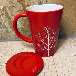 David’s Tea The Perfect Mug Set: Red ceramic mug with white tree design and lid